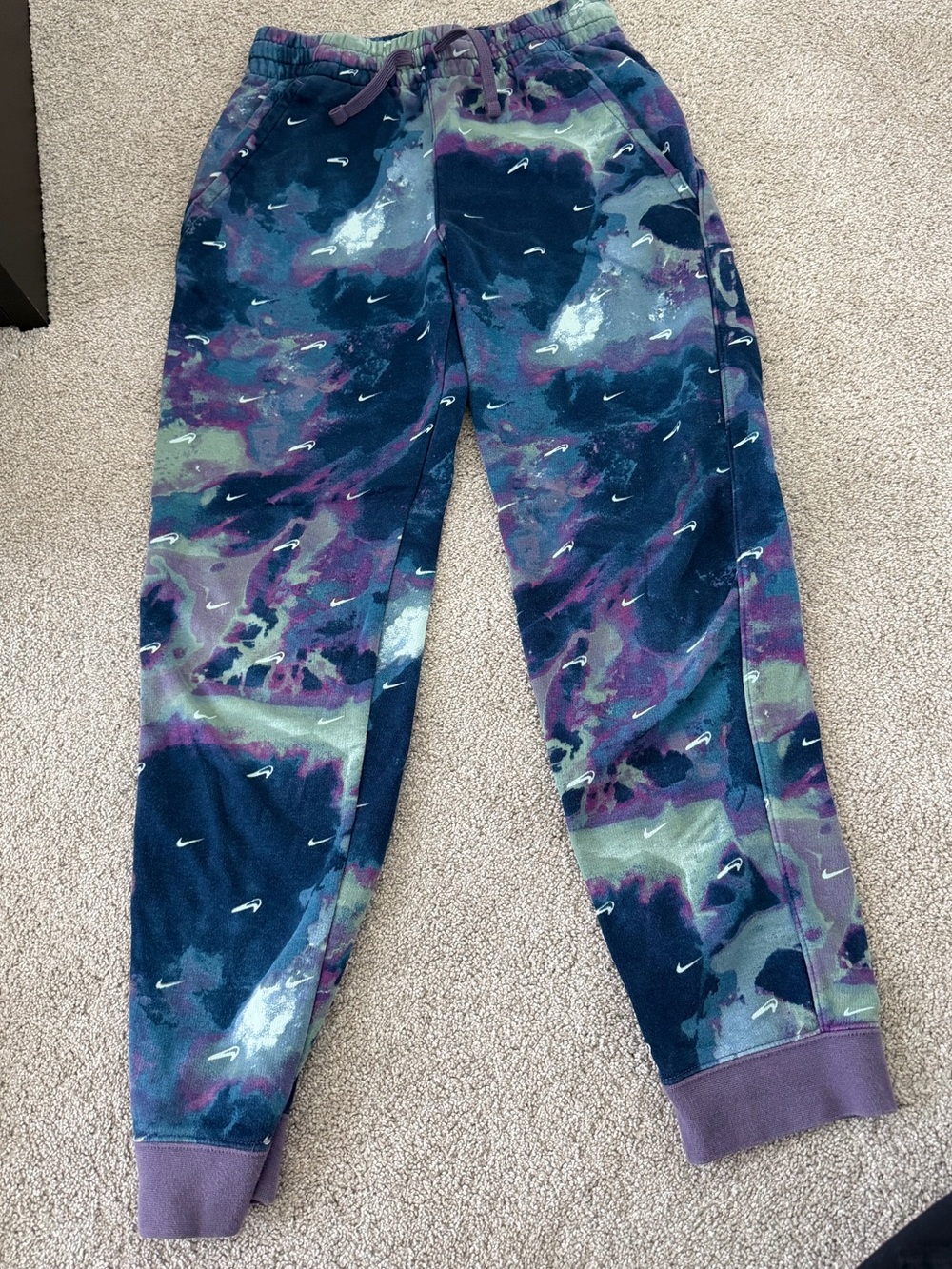 Nike Pullover Joggers with Teal, Purple, and Navy Tie-Dye Accents
